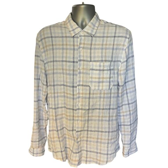 Magaschoni Man Neutral Check Linen Blend Casual Button Down Size M - Picture 1 of 9